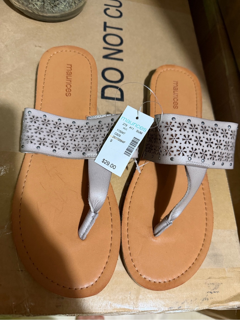 Maurices Taupe Laser-Cut Thong Sandals with Stud Accents